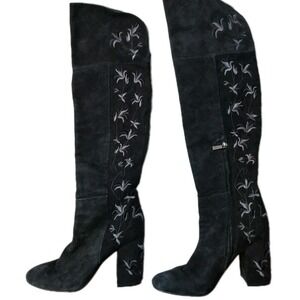 Kenneth Cole New York CLAIRE Floral Embroidered OTK Boots Black Suede Chic Hot